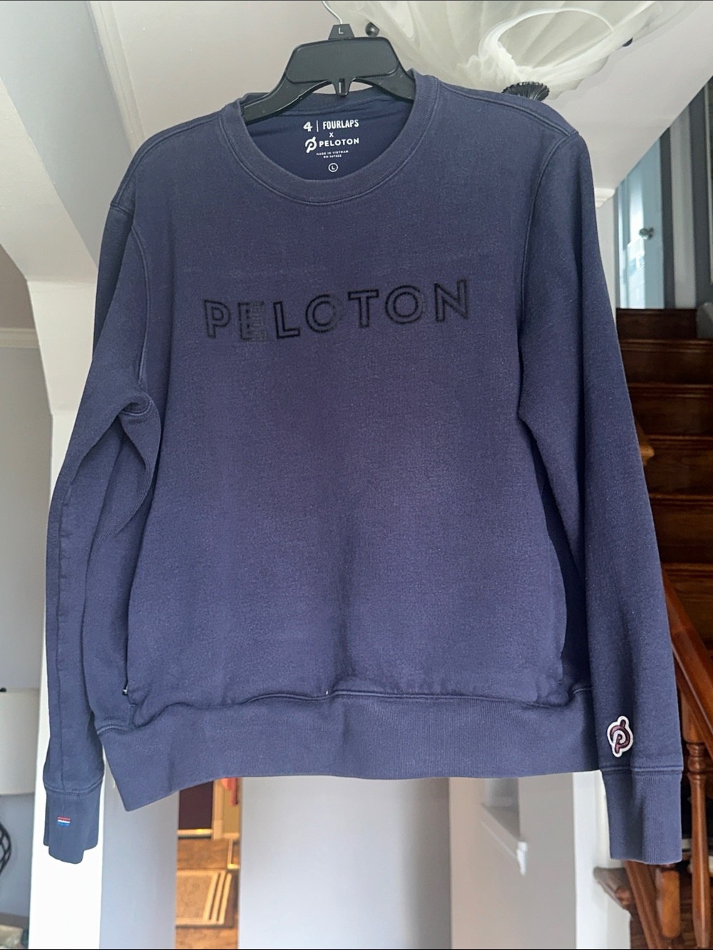 Peloton x FourLaps Collab Men's Navy Crewneck Sweatshirt with Raised Logo Sz L